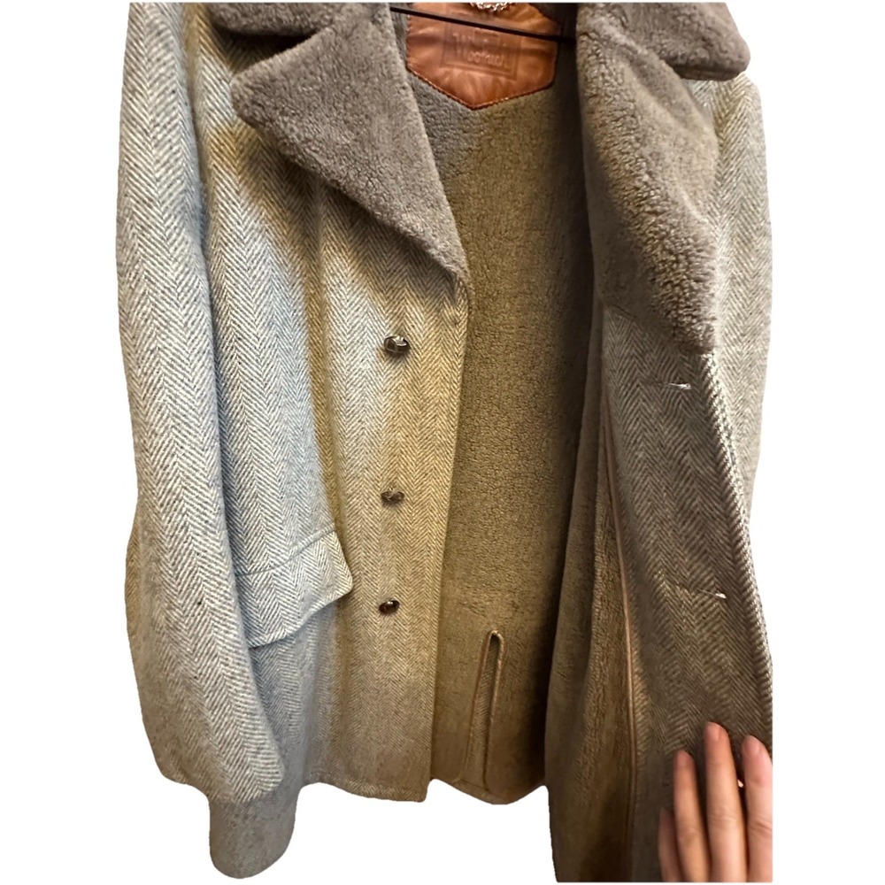 Woolrich VTG Herringbone Wool Coat Heavy Peacoat L Sz 40 Sherpa Lined Green Gray - Picture 3 of 10